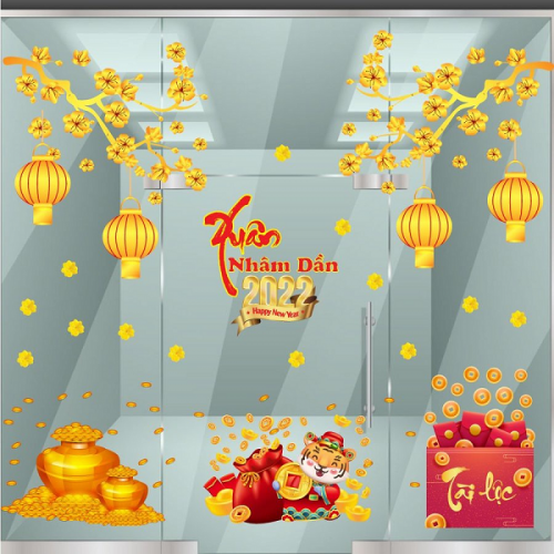 Trang trí cửa nhôm kính đón tết Nhâm Dần