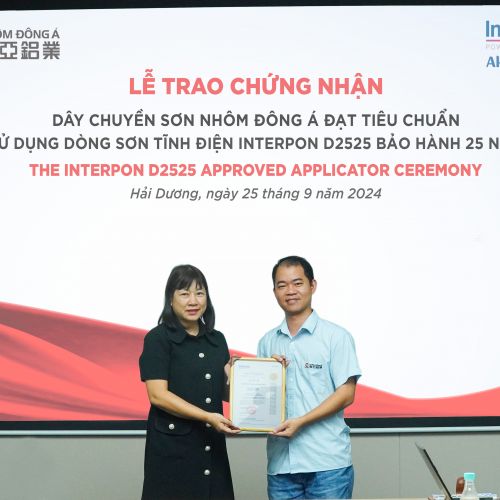 NHÔM ĐÔNG Á ĐẠT CHỨNG NHẬN TIÊU CHUẨN BẢO HÀNH SƠN 25 NĂM CỦA HÃNG SƠN AKZONOBEL HÀ LAN